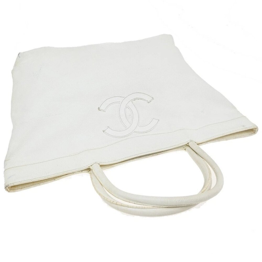CHANEL CC Shoulder Hand Tote Bag Grained Calfskin Leather White Vintage 84KP139 - Picture 5 of 15